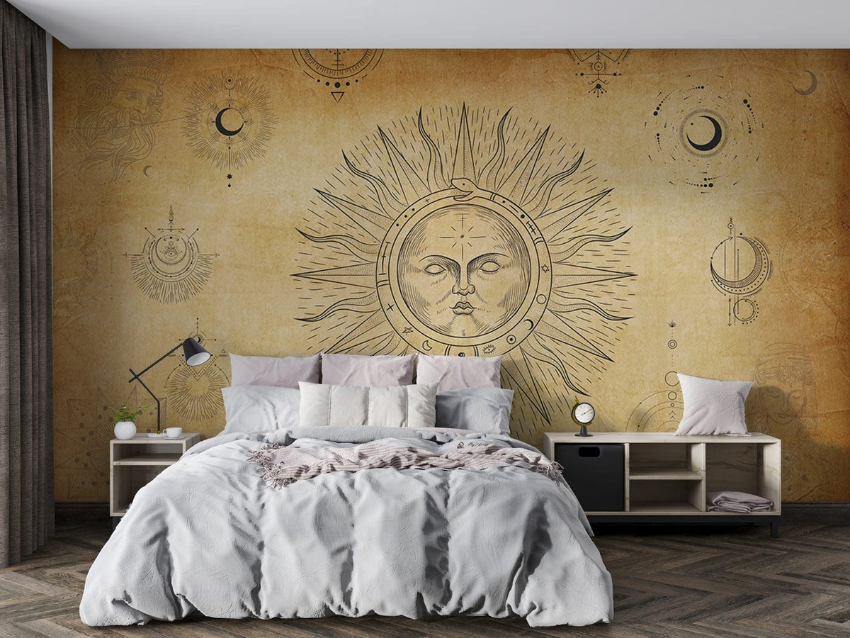 Vintage celestial wallpaper mural in earthy tones, wood flooring, modern grey bed, contemporary bedroom setting.