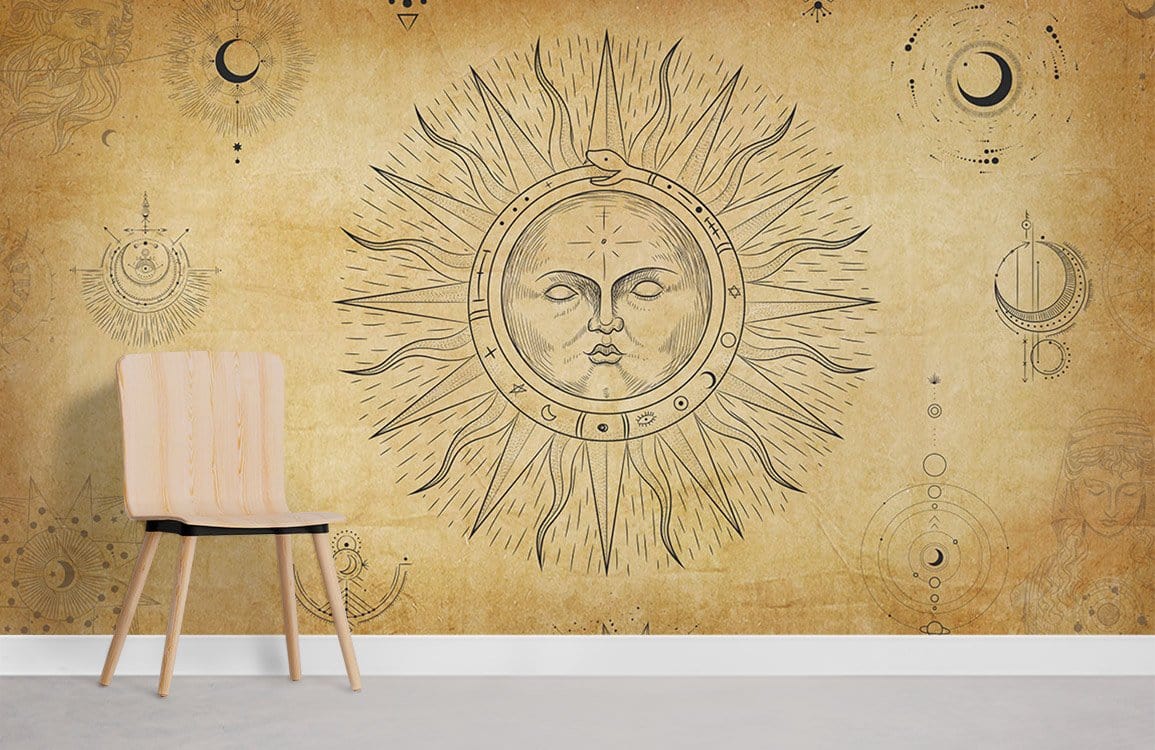 Vintage Celestial Sun and Moon Wallpaper Mural, earthy tones, minimalist chair, light flooring, wall art.
