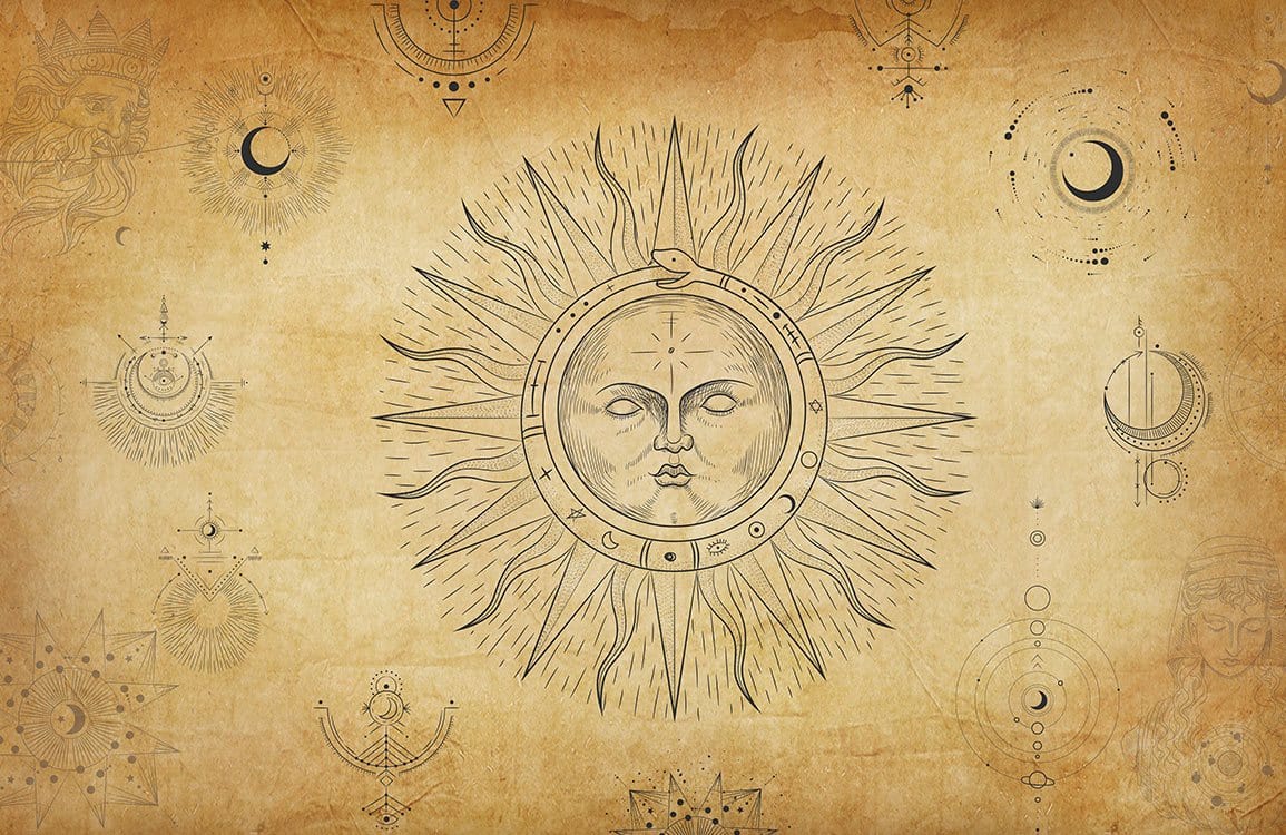 Vintage Celestial Sun and Moon Wallpaper Mural in Earthy Tones