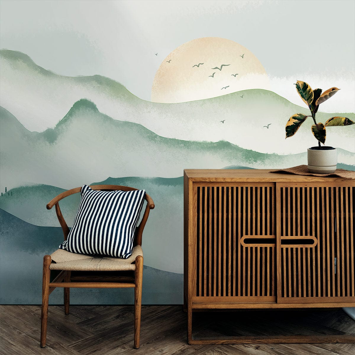 Misty Mountain wallpaper with wooden cabinet, chair, cushion, and chevron flooring in calm green tones.