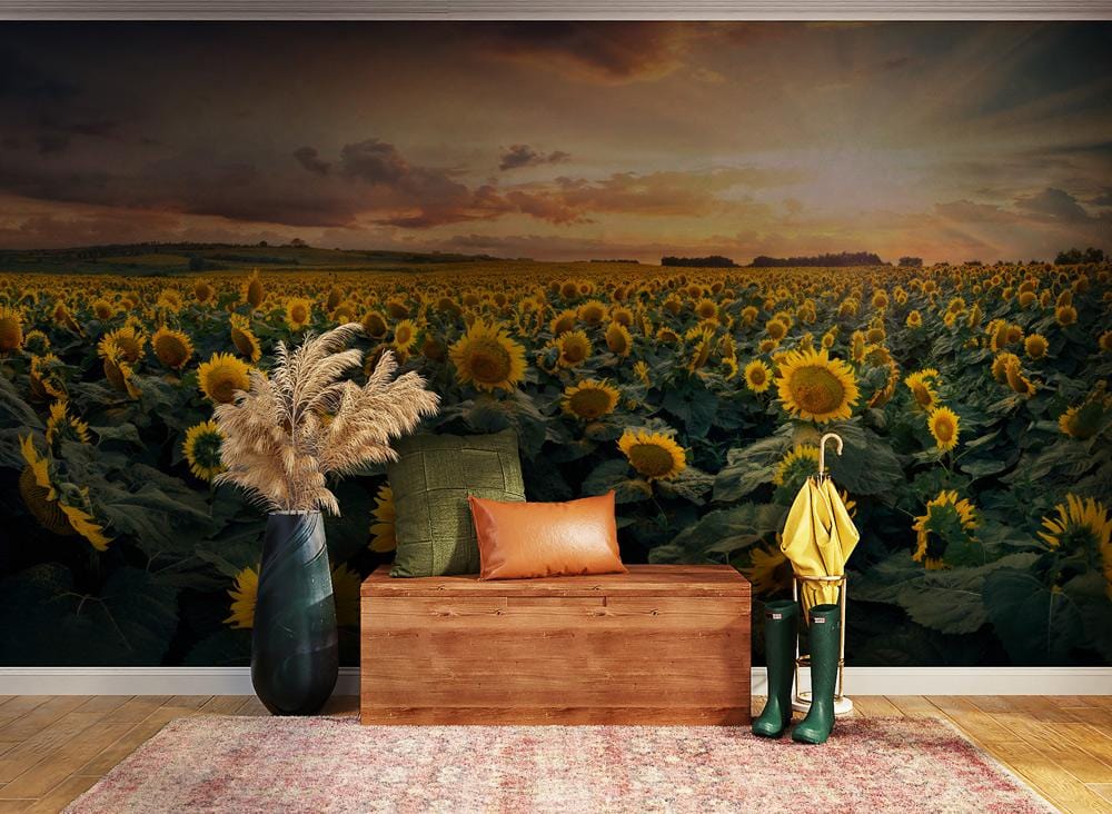 Sunflower Fields at Sunset Mural Wallpaper, vibrant nature decor, wooden bench, rustic rug, wooden flooring.