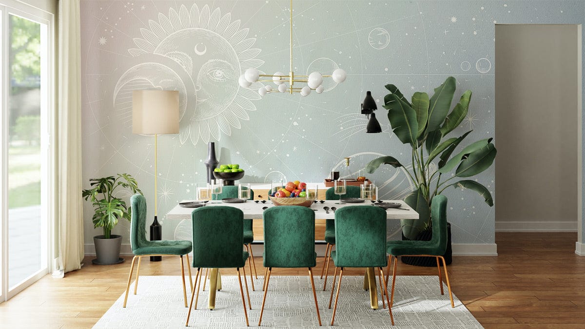 Celestial Dreams cosmic mural wallpaper with velvet chairs, dining table, hardwood floor, and tropical plant.