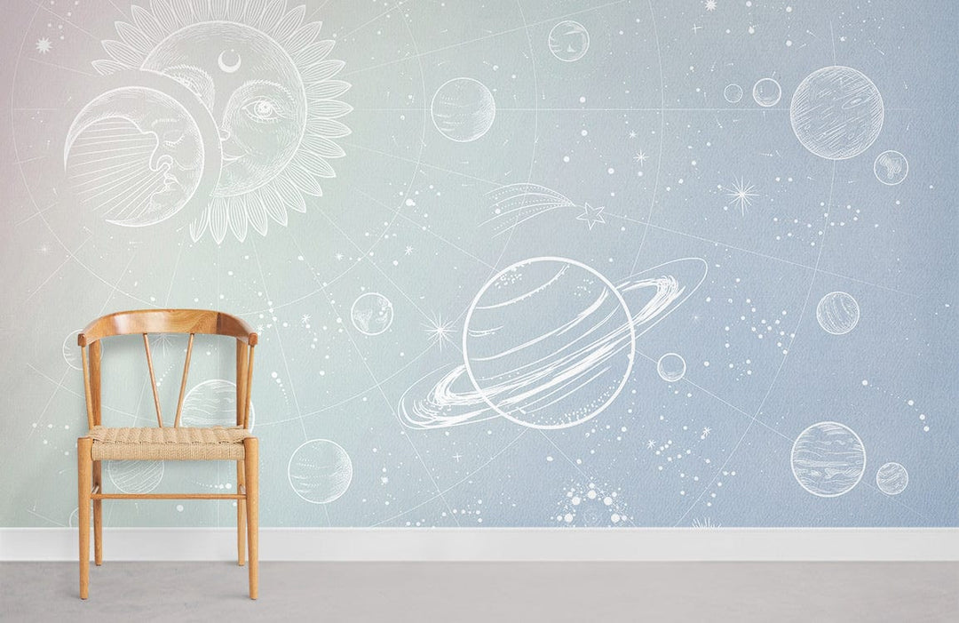 Celestial Dreams Pastel Cosmic Mural Wallpaper with planets, stars; wooden chair; light carpet flooring.