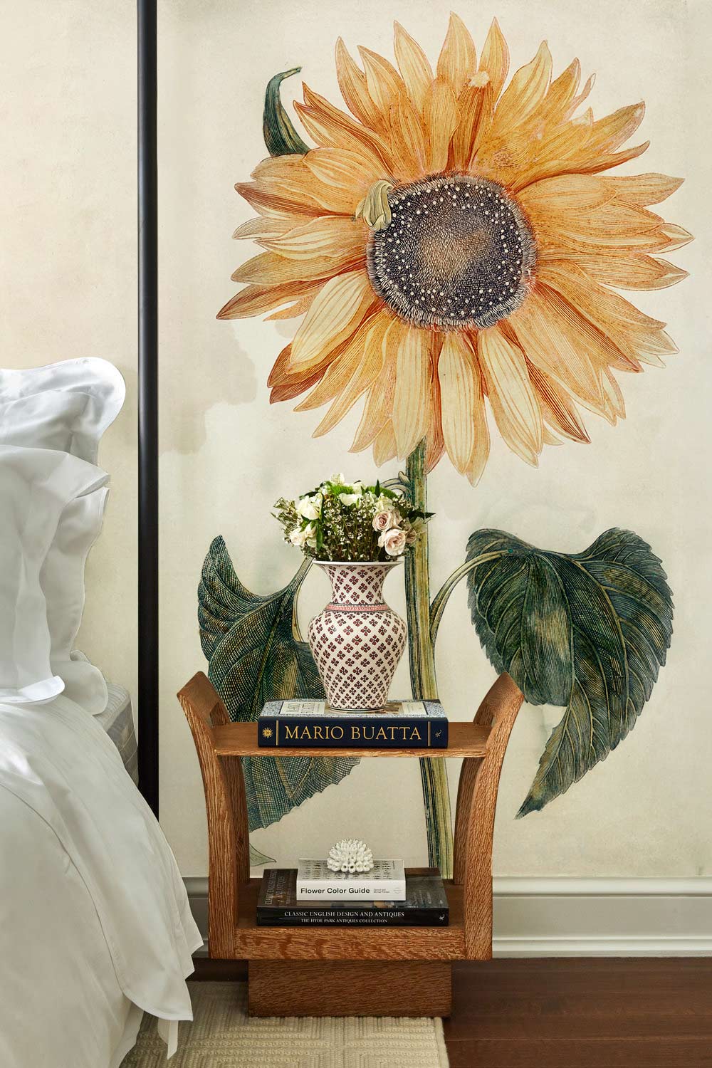 Vintage Watercolour Sunflower Mural Wallpaper in Soft Earthy Tones Design