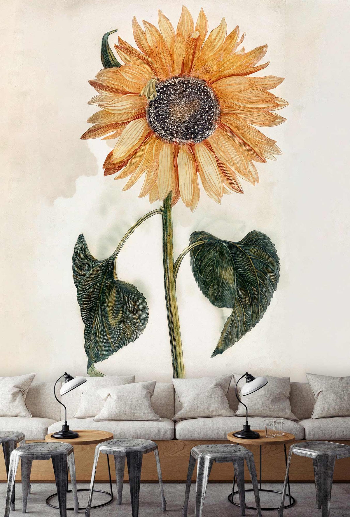 Vintage Sunflower Mural Wallpaper in soft tones, grey sofa, wooden stools, lamps, modern living room.