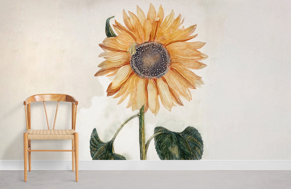 Vintage Watercolour Sunflower Mural Wallpaper, earthy tones, wooden chair, neutral wall, carpet flooring.