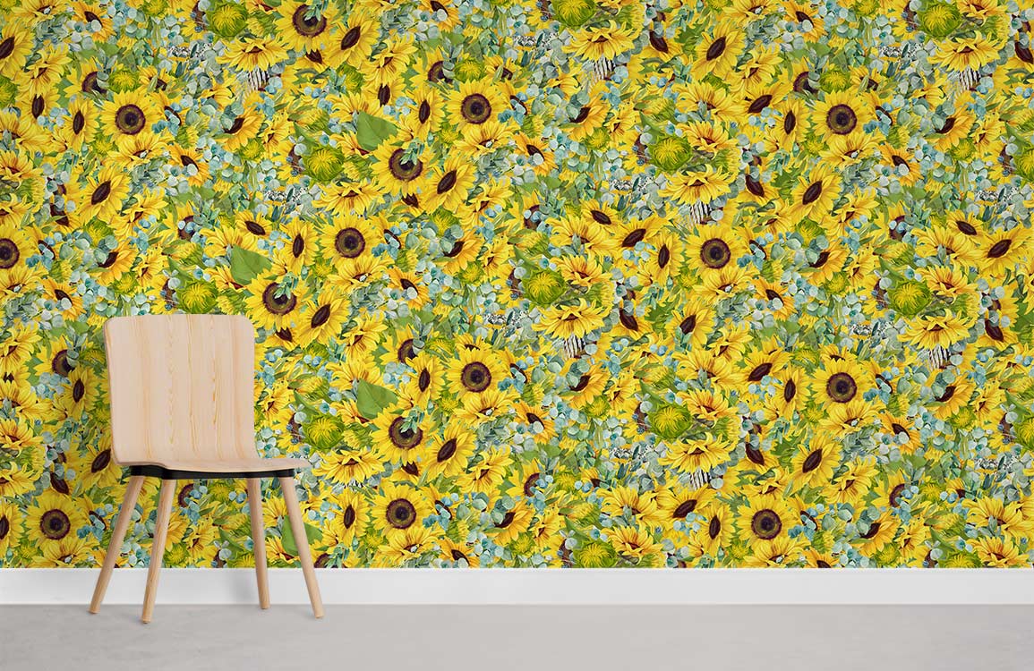 Sunflower patterned wallpaper with chair, room features grey flooring, vibrant yellow and green design.