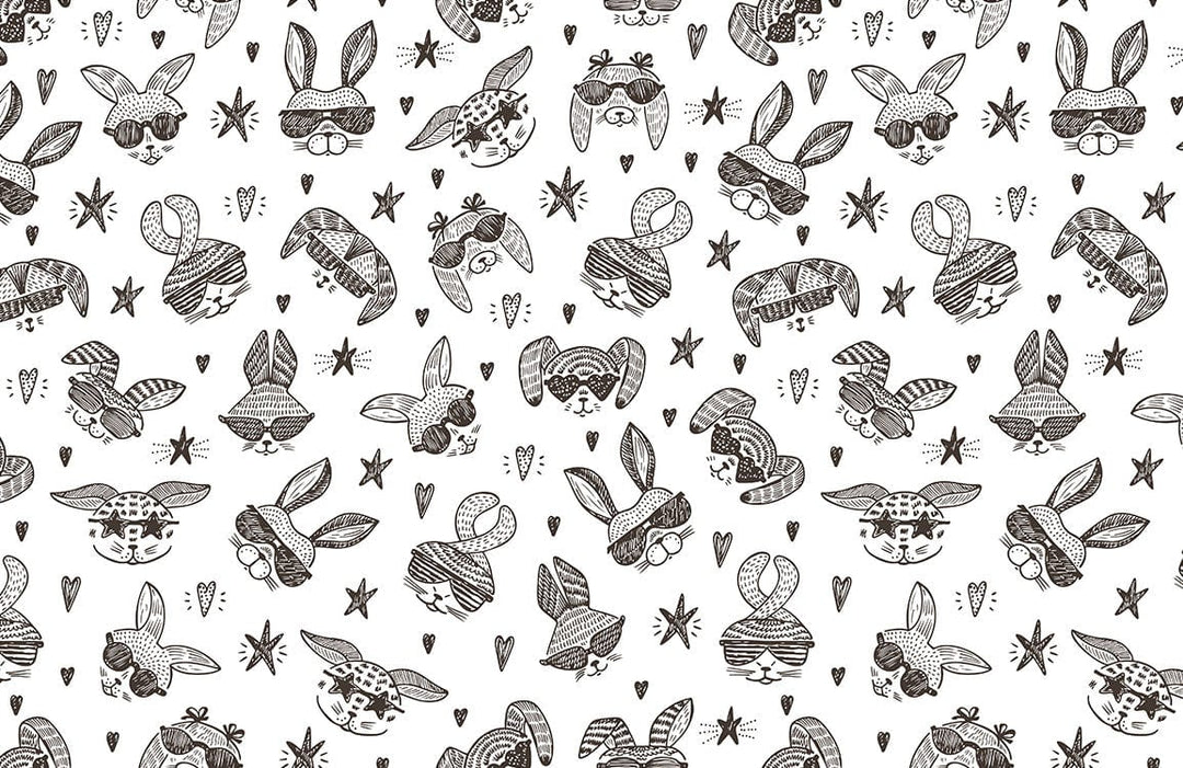Monochrome Doodle Bunny Patterned Kids' Playroom Wallpaper - Whimsical Animal Design
