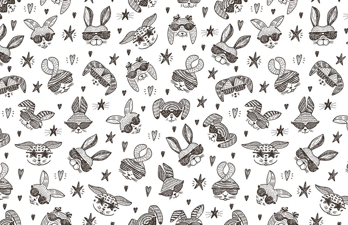 Monochrome Doodle Bunny Patterned Kids' Playroom Wallpaper - Whimsical Animal Design
