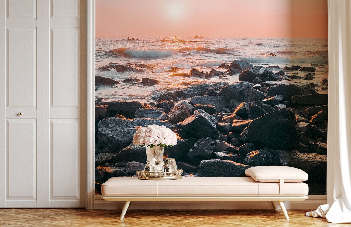 Serene Coastal Sunrise mural with pastel tones, elegant room, white panelling, light pink bench, wooden floor.