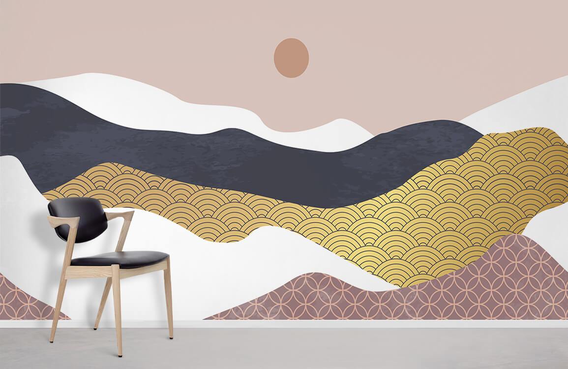 Elegant mural wallpaper with abstract waves, gold accents in neutral tones, black chair, minimalistic design.