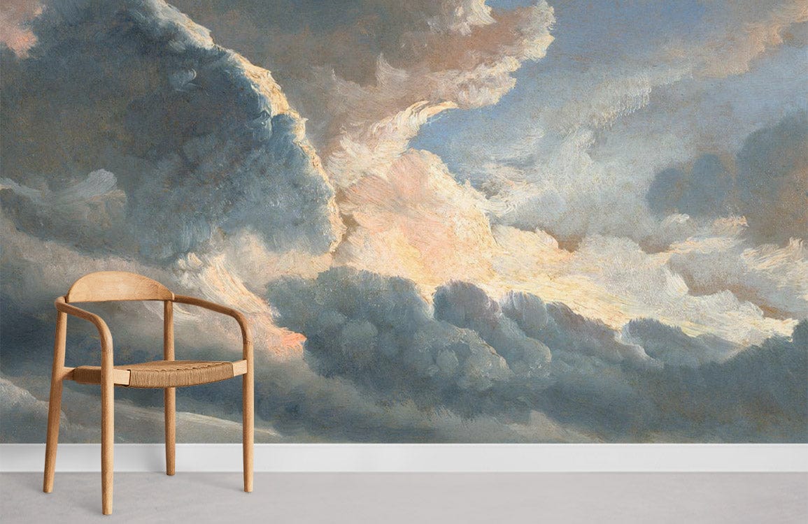 Romantic Sky Mural Wallpaper features moody clouds, light wood chair, serene pastel hues, minimalistic room.
