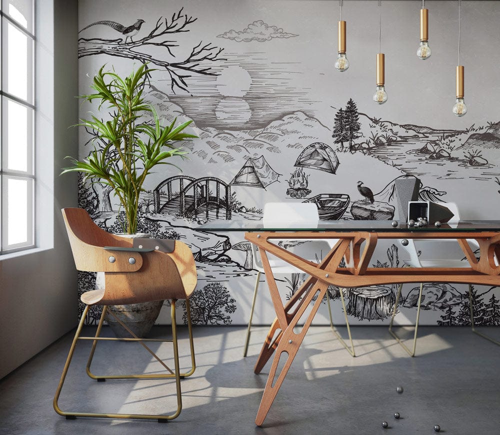Vintage monochrome nature mural wallpaper in modern office with wooden chair, glass desk, and grey floor.