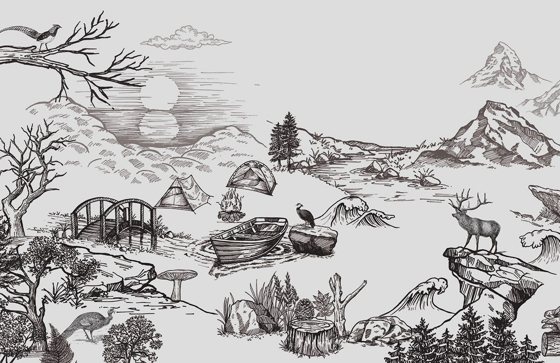 Vintage Monochrome Nature Scene Mural Wallpaper with Rustic Wildlife Design