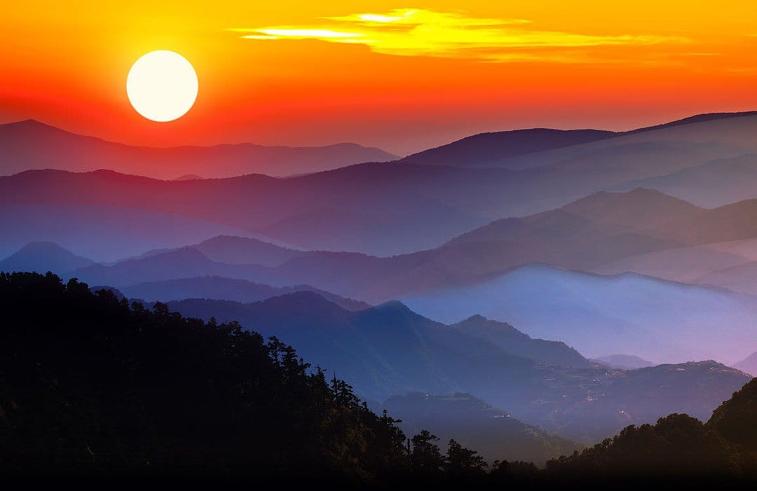 Sunset Mountain Vista Mural Wallpaper - Vibrant Orange and Blue Landscape
