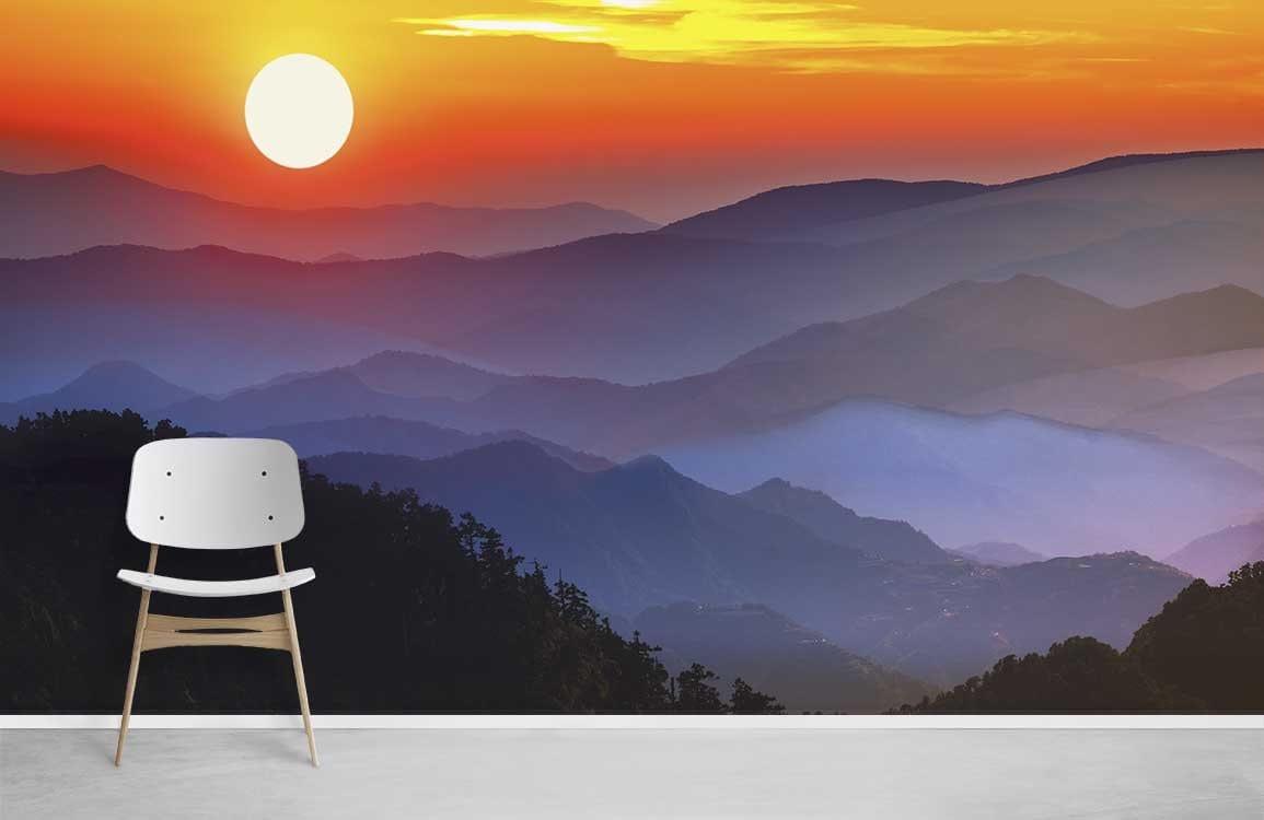 Sunset Mountain Vista Mural Wallpaper with vibrant landscape, minimal white chair, grey flooring, sunny decor.