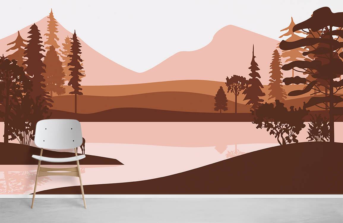 Rustic Autumn Forest Mural Wallpaper with mooses, mountains; white chair, minimalist style, grey flooring.