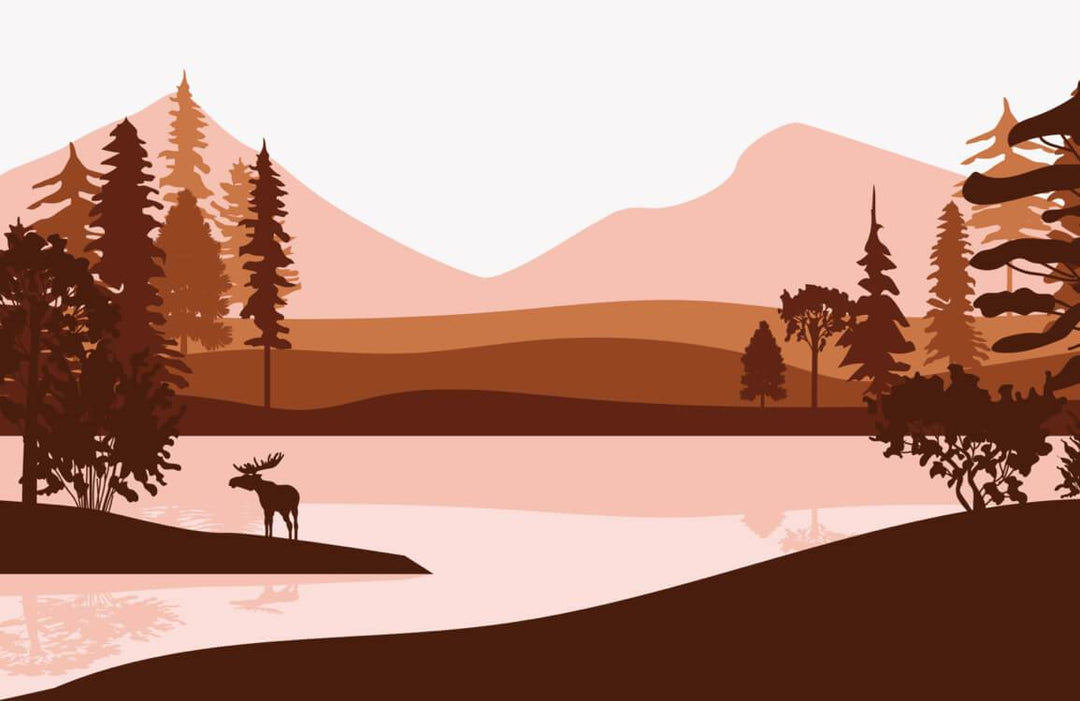 Rustic Autumn Forest Landscape Mural Wallpaper with Mooses and Mountains Scene