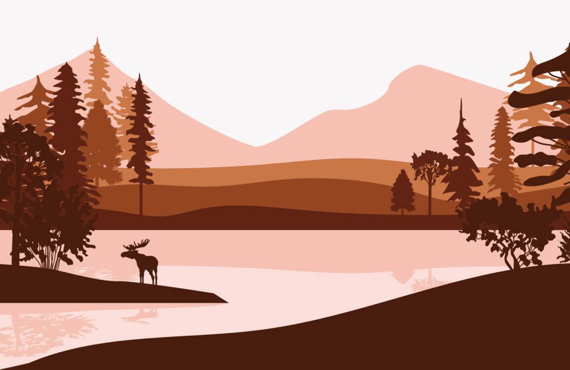 Rustic Autumn Forest Landscape Mural Wallpaper with Mooses and Mountains Scene