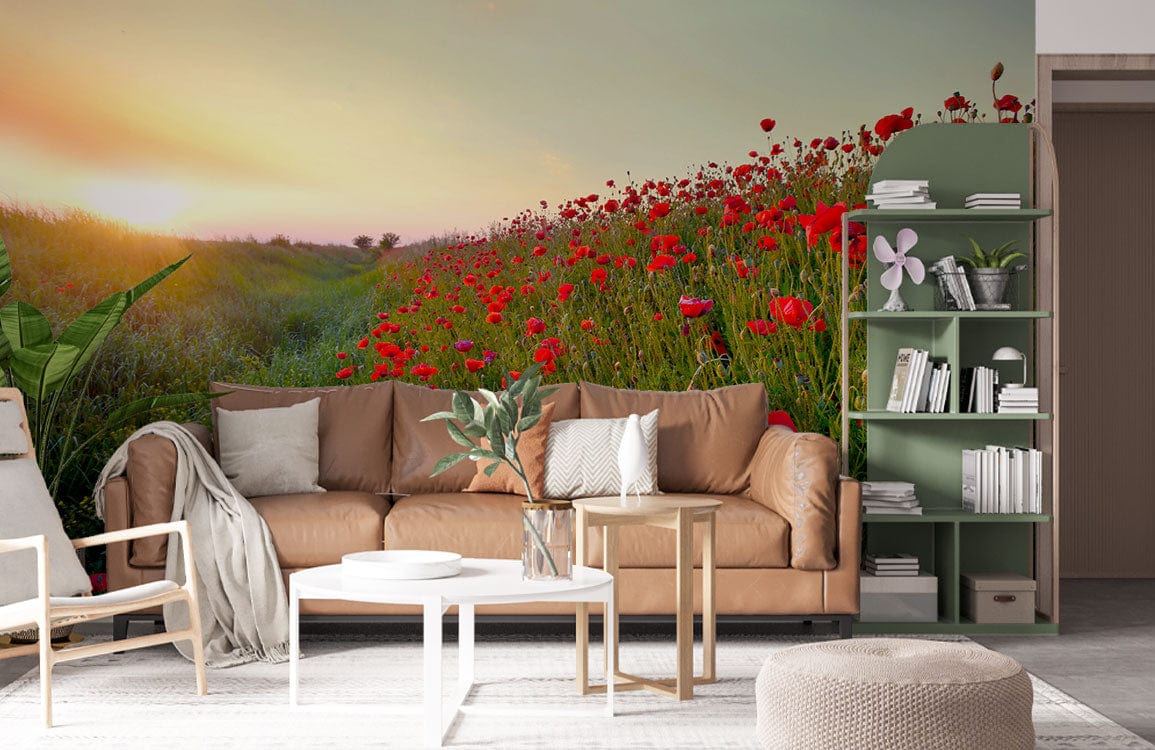 Serene Sunrise Poppy Field Wallpaper with vibrant red blossoms, brown sofa, green shelves in stylish room.