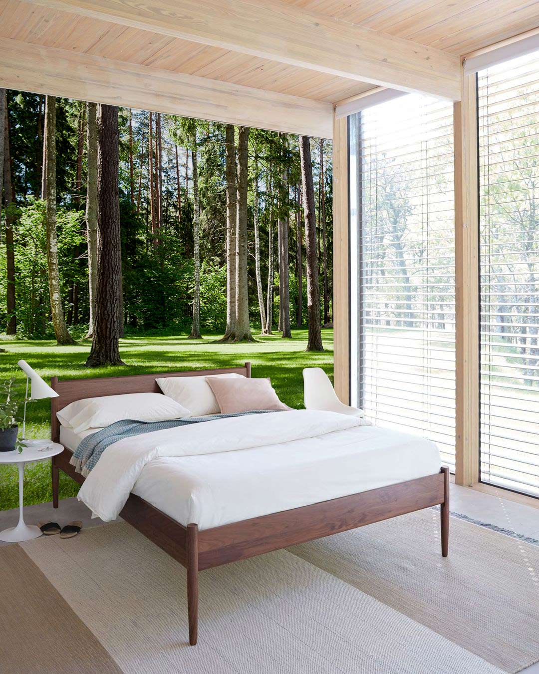 Serene Forest Mural Wallpaper, bedroom with wooden bed, neutral rug, large windows, modern decor.