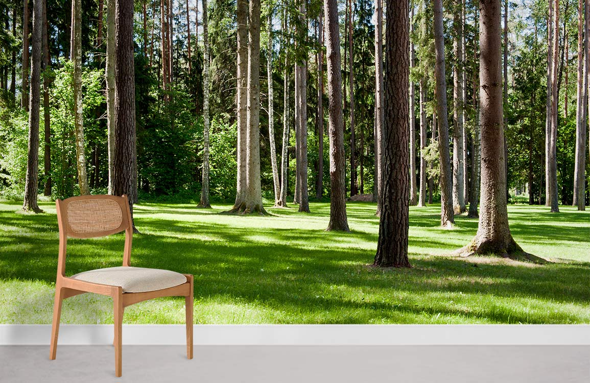 Serene Forest Mural Wallpaper with chair; lush green woodland design; light grey flooring; wooden furniture.
