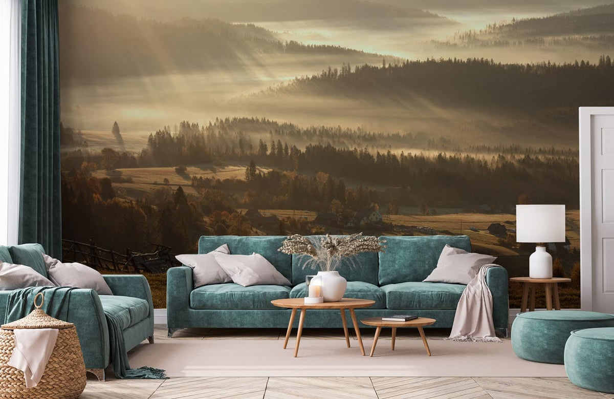 Golden Sunrise Misty Valley mural in living room with turquoise sofas, wooden tables, and light flooring.
