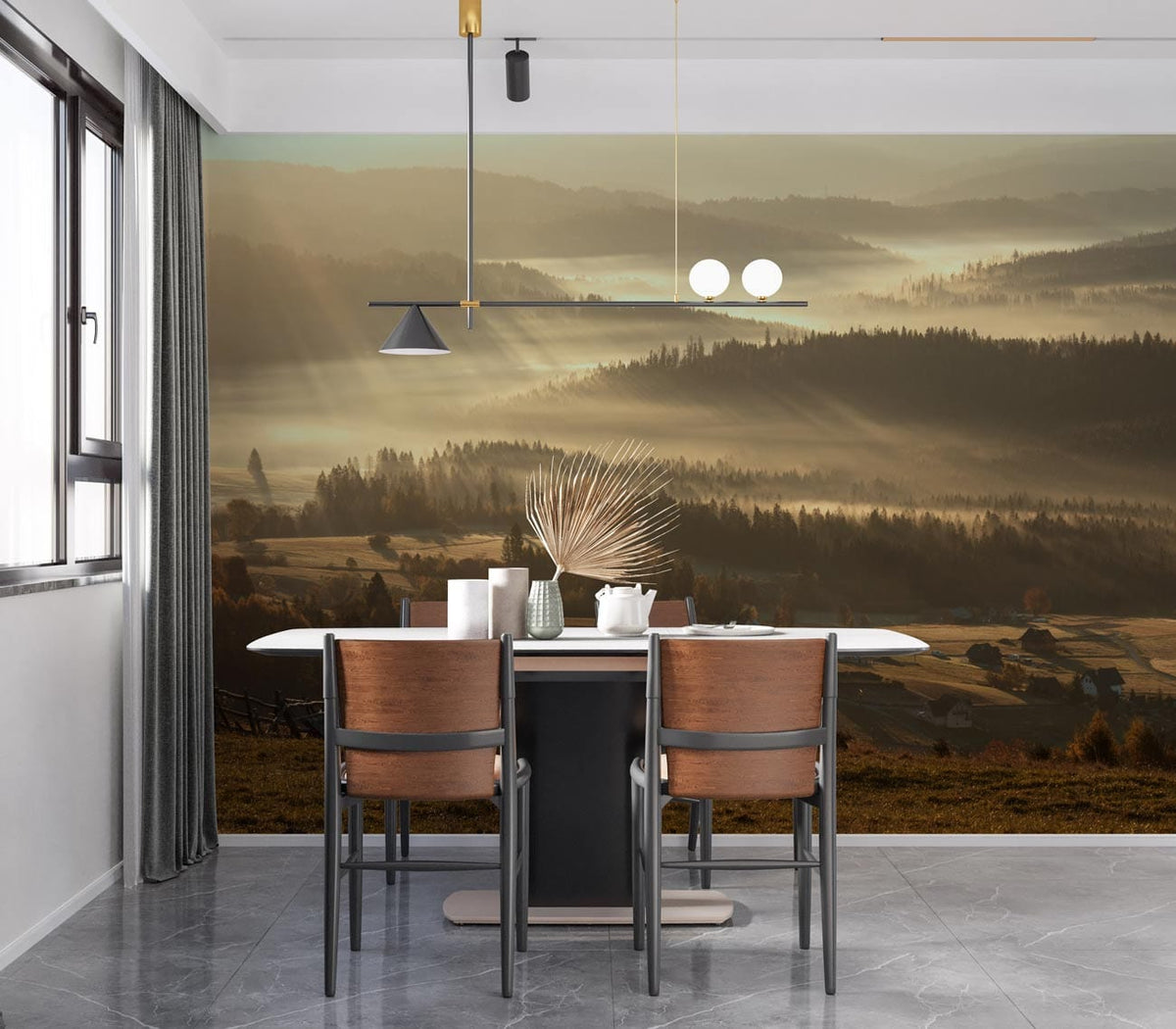 Dining room with Golden Sunrise Misty Valley Landscape Mural Wallpaper, modern table, wooden chairs, and grey flooring.