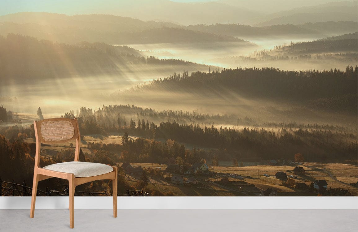 Golden Sunrise Misty Valley landscape mural wallpaper, wooden chair, light grey flooring, serene room setting.