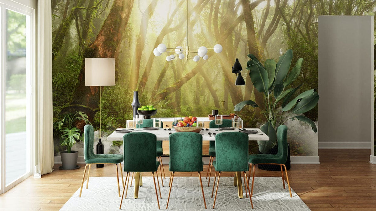 Enchanting forest mural wallpaper with green velvet chairs, wooden flooring, pendant lighting in dining room.