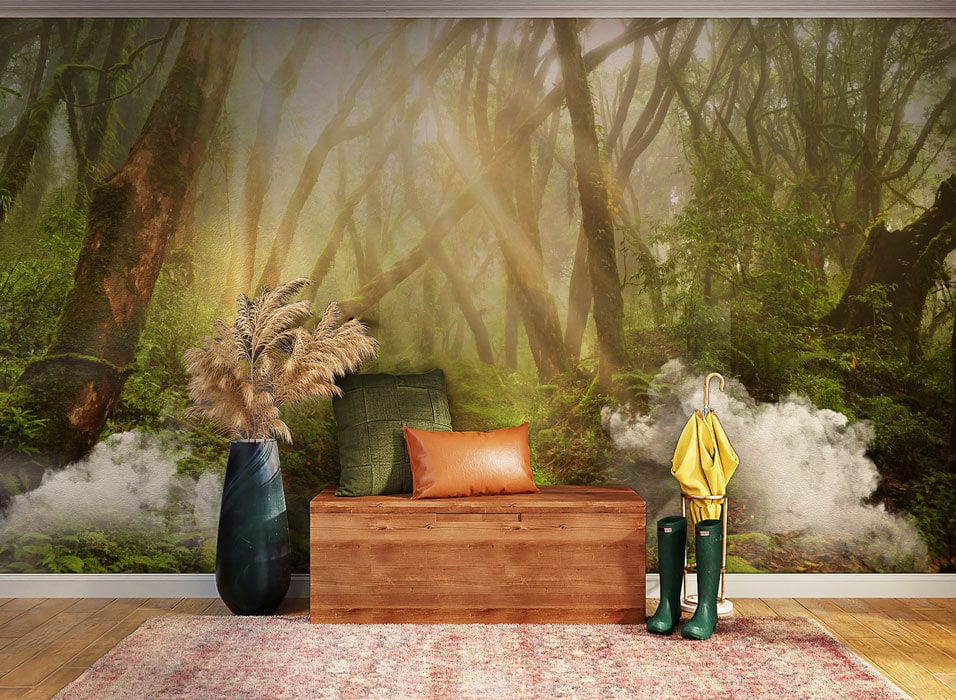 Enchanting forest mural wallpaper in room with wooden bench, green cushion, oak flooring, rustic style.