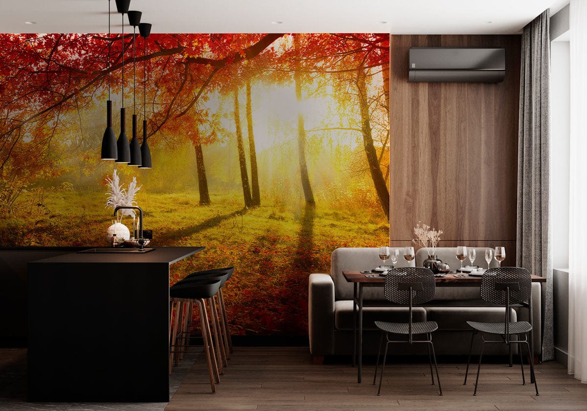 Sunlit Forest Mural Wallpaper with golden-red tones, modern dining room, wood flooring, grey sofa.