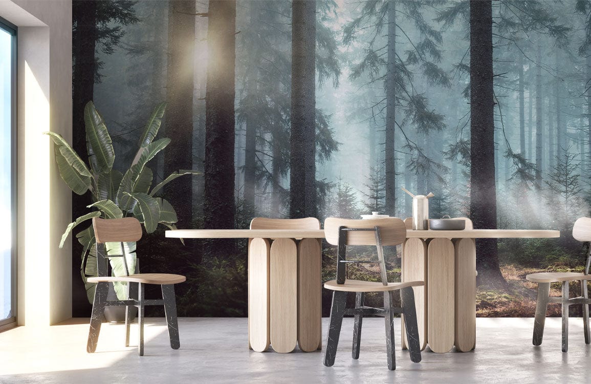 Mystical Forest Sunrise Mural Wallpaper in dining room with natural wood furniture and modern design.