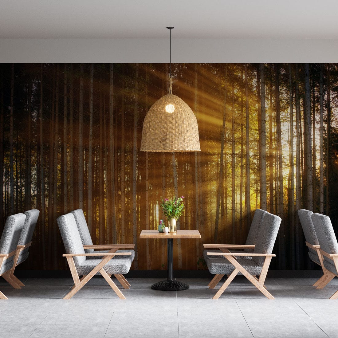 Sunlit Forest Serenity Mural Wallpaper in dining room with grey chairs, tile flooring, pendant light.