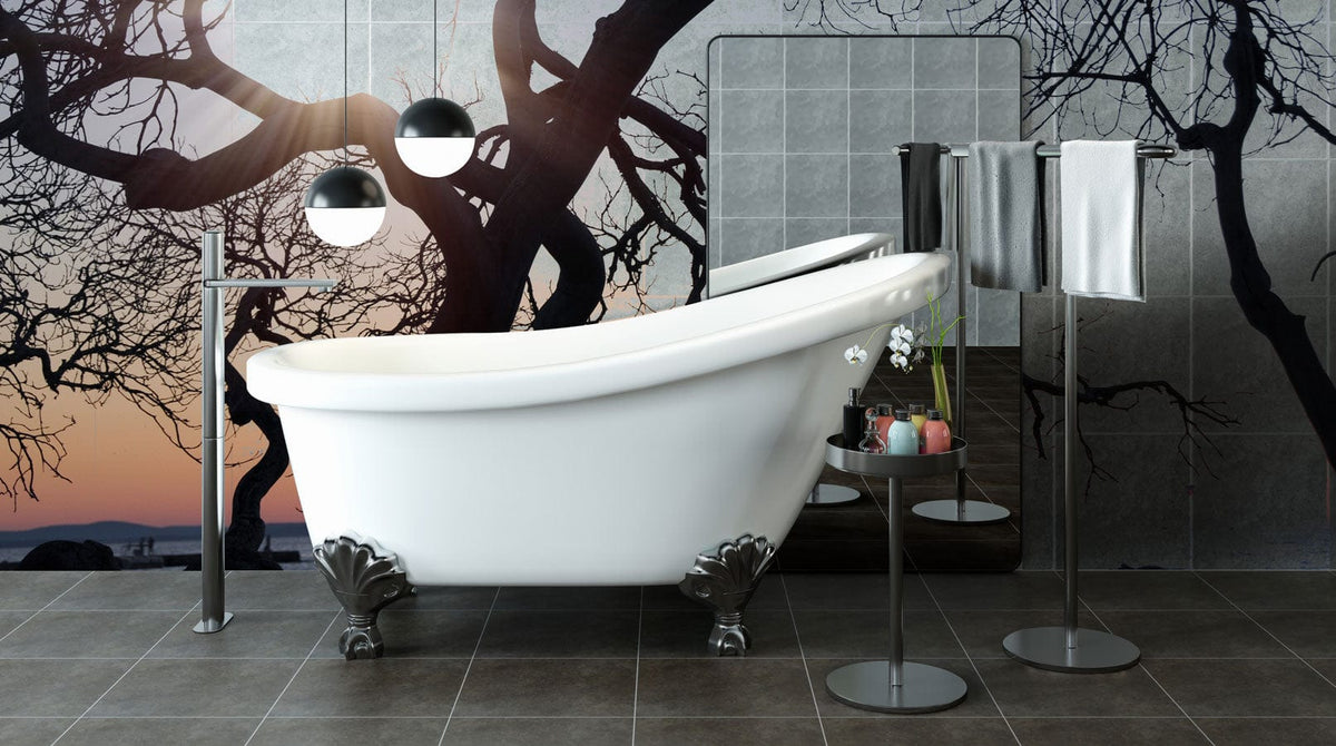 Bathtub against Sunset Silhouette Tree Mural Wallpaper, soft pastel coastal scene, pendant lights, dark tiles.