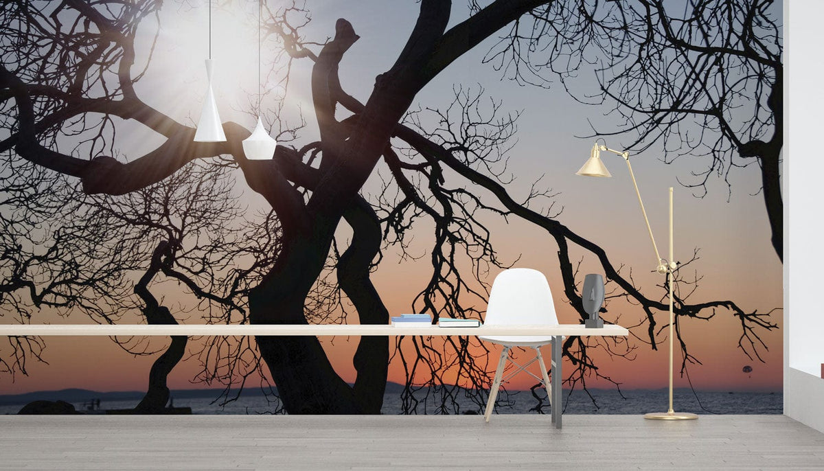 Sunset Silhouette Tree Mural Wallpaper in a modern workspace with white chair and wooden flooring.