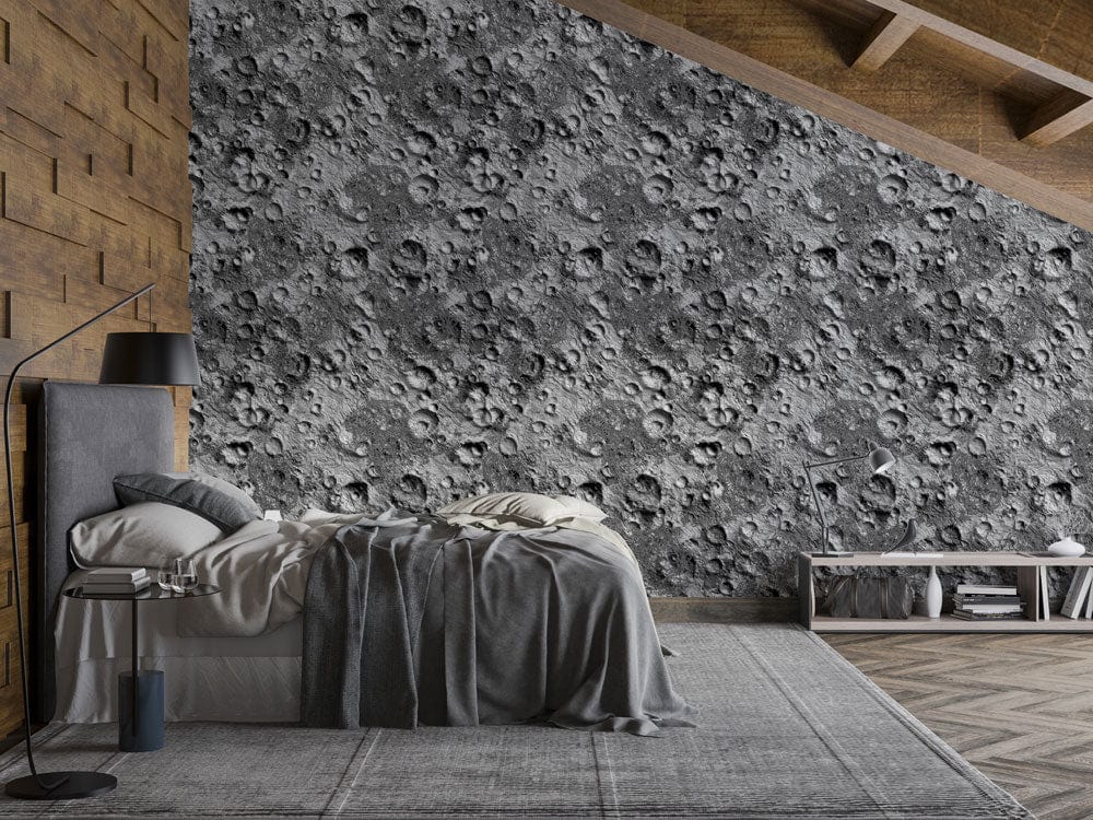 Lunar Surface Grey Wallpaper in bedroom with grey bedding, wooden wall, angled roof, and stylish flooring.