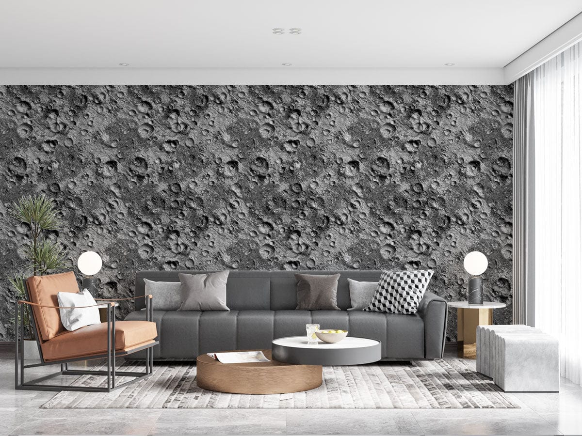 Lunar Surface Grey Textured Wallpaper in modern living room, black sofa, grey flooring, cosmic Décor.