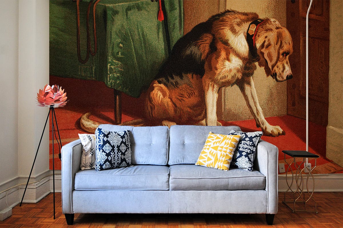 Vintage Canine Art Mural Wallpaper with grey sofa, parquet flooring, colourful cushions, and stylish decor.