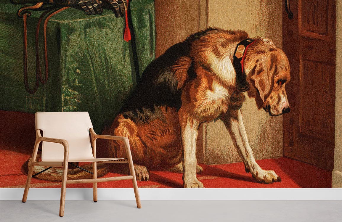 Vintage Canine Art Mural Wallpaper with Red, Green Tones, Wooden Chair, and Neutral Flooring in Lounge.