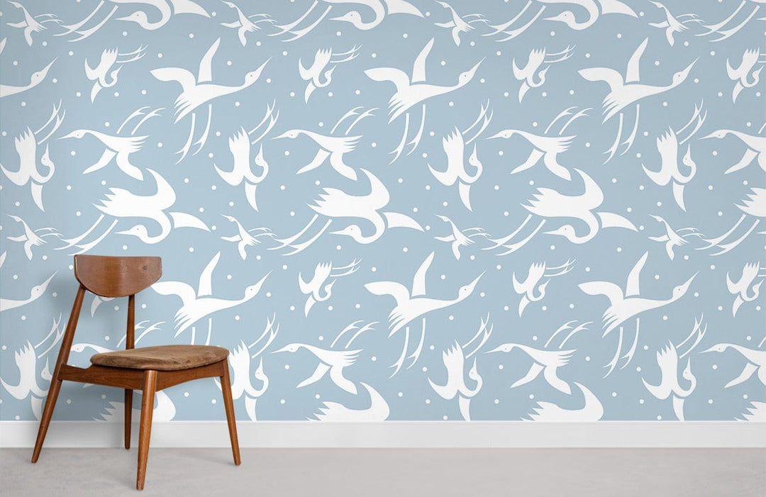 Blue and white crane wallpaper, elegant interiors, wooden chair, minimalist style, light grey flooring.