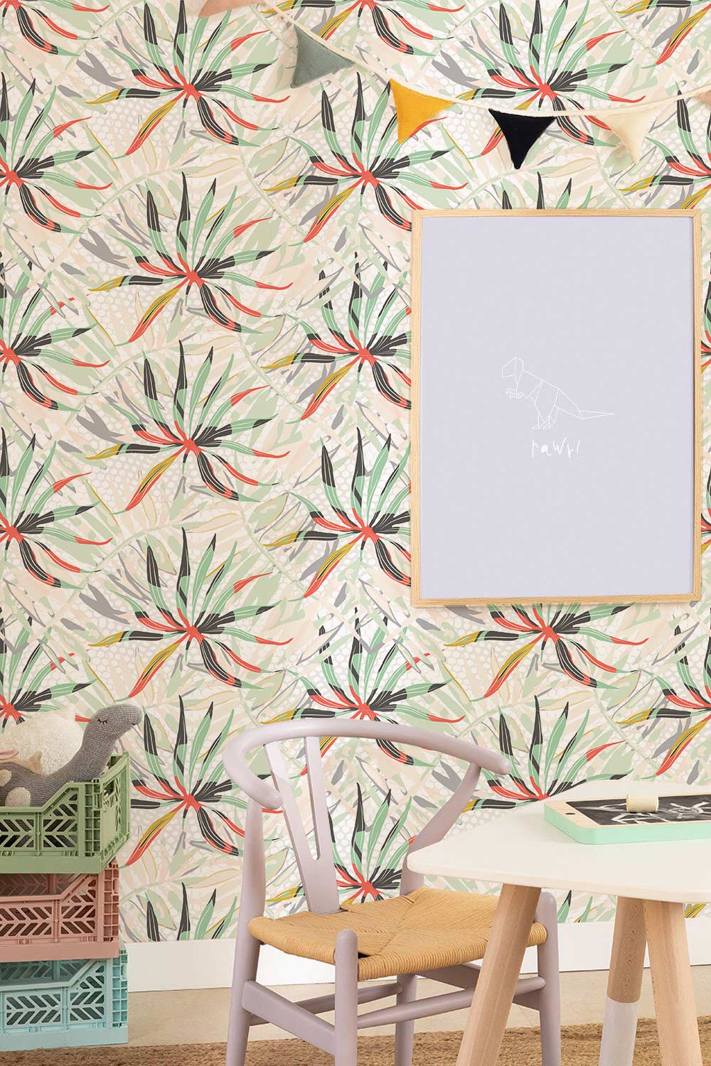Tropical Botanical Burst Wallpaper with vibrant floral design, children's room, pastel chair, light wooden flooring.