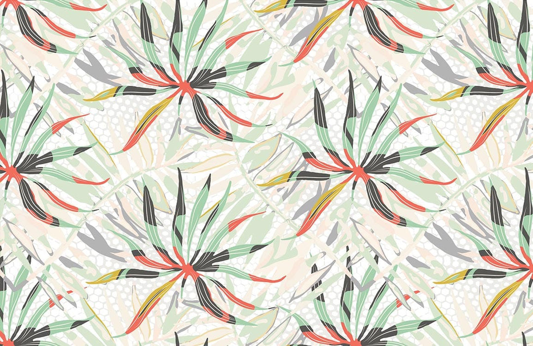 Tropical Botanical Burst Wallpaper: Vibrant Green and Coral Floral Design
