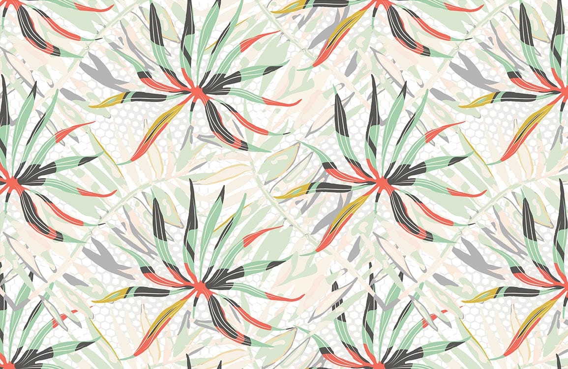 Tropical Botanical Burst Wallpaper: Vibrant Green and Coral Floral Design