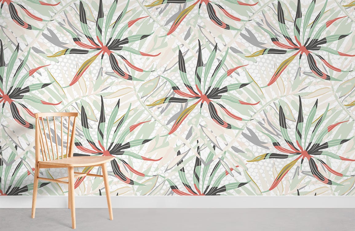 Tropical Botanical Burst Wallpaper, vibrant floral design, light wood chair, grey floor, decorative wall.