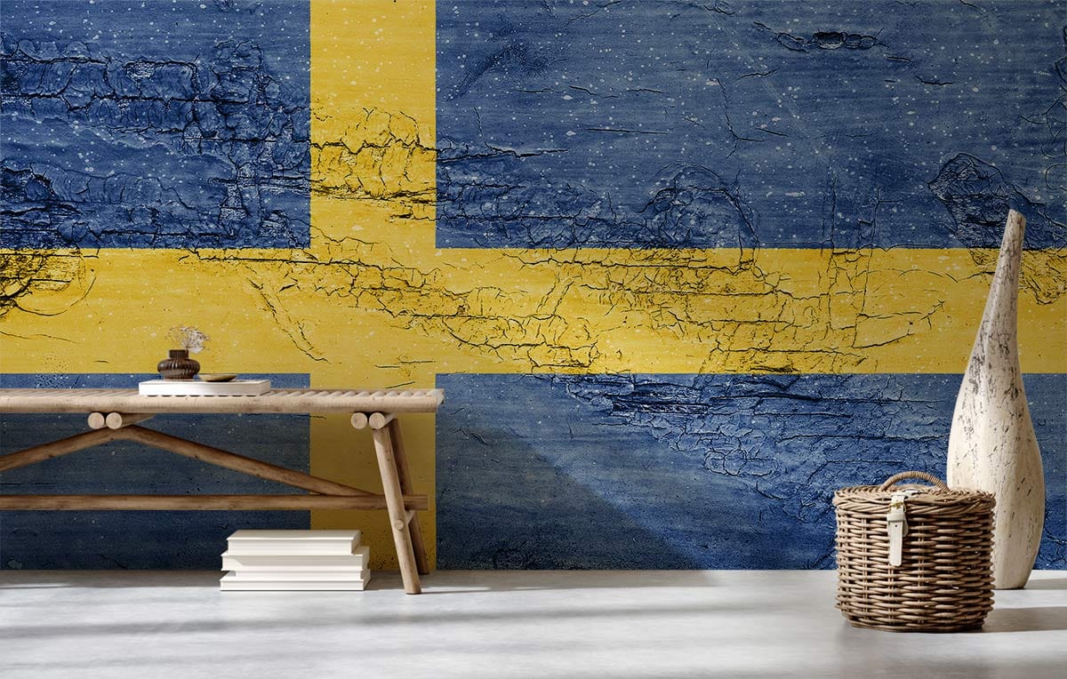 Rustic Swedish flag wallpaper with vintage texture; features bench, vase, and wicker basket on floor.