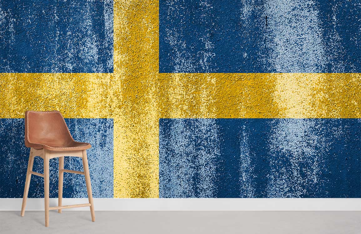 Vintage Swedish Flag Textured Wallpaper, blue-yellow mural, with brown leather stool, Nordic interior design.