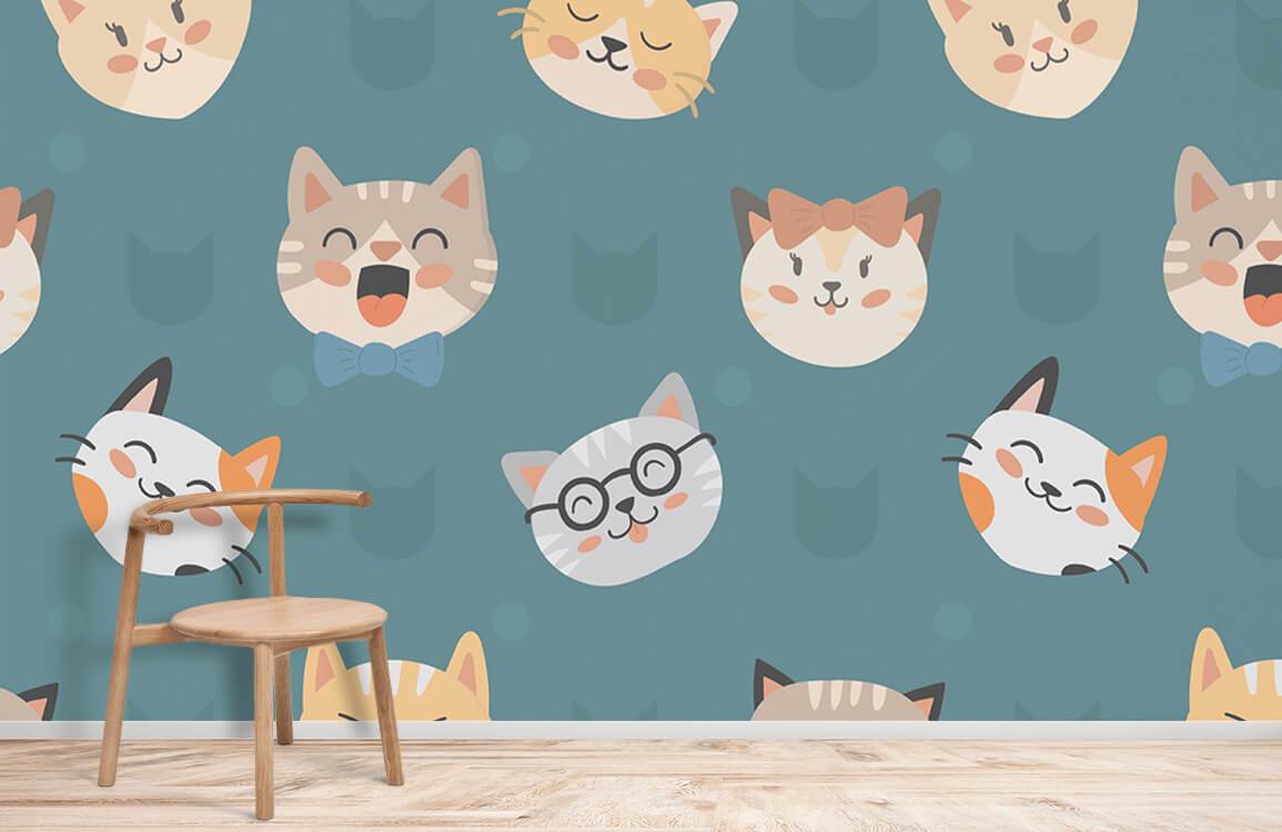 Charming Cat Faces Teal Kids' Wallpaper with wooden chair and light wood flooring in playful style.