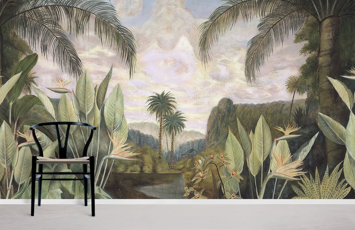 Tropical Paradise Jungle Mural Wallpaper with Lush Greenery and Palm Trees