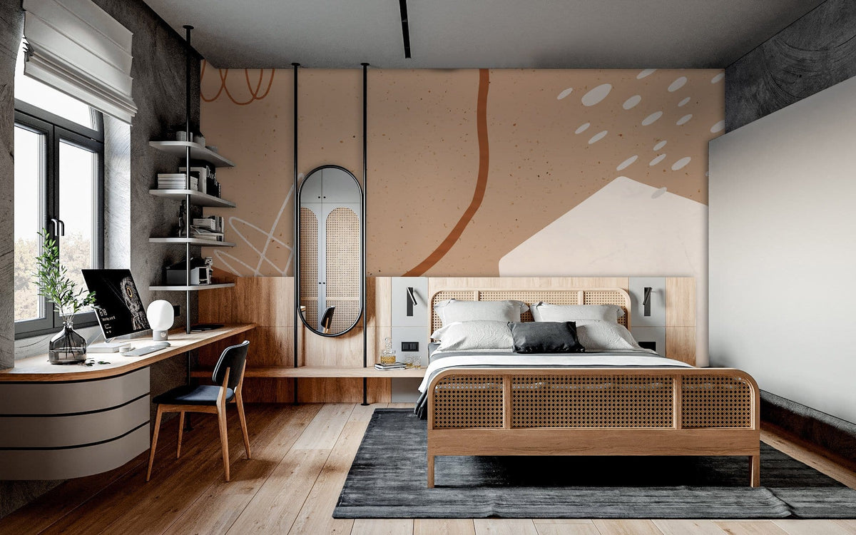 Contemporary earth tones abstract wallpaper in modern bedroom with wood bed, desk, and elegant decor.